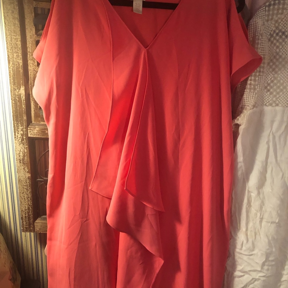Coral dress draped front peek-a-boo cap sleeve petite mini dress/long blouse